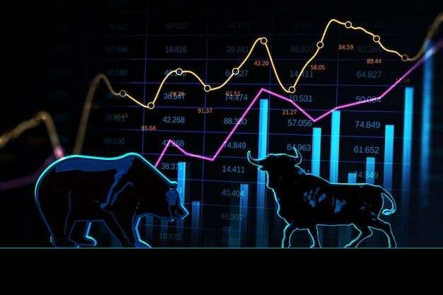 Premium Photo Stock exchange trading concept the bulls and bears struggle equity market illustration creative hologram and graph on dark wallpaper 3d rendering